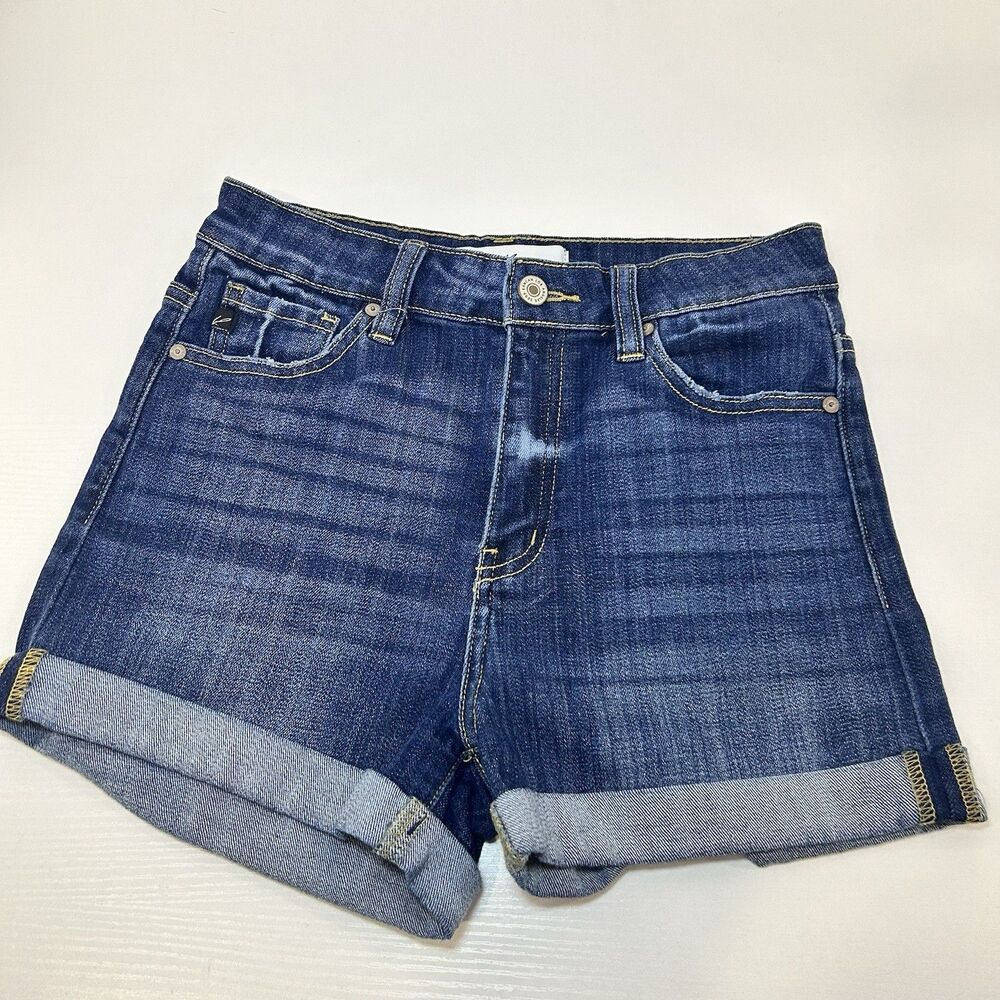 KanCan Women's High Rise CUFFED Denim Shorts Dark Stretch Blue Size Small 26